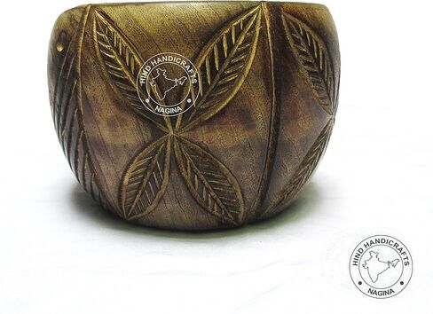 Hind Handicrafts Premium Solid Dark Handmade Crafted Wooden Portable Antique Yarn Storage Bowl - Holder for Knitting Crochet Hook Accessories (6" x 6" x 4", Torched Leaf) in Saudi Arabia