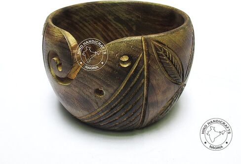 Hind Handicrafts Premium Solid Dark Handmade Crafted Wooden Portable Antique Yarn Storage Bowl - Holder for Knitting Crochet Hook Accessories (6" x 6" x 4", Torched Leaf) in Saudi Arabia