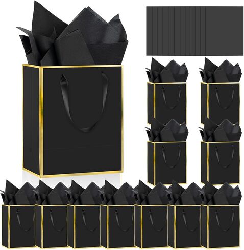 Epoesch Premium Metallic Paper Gift Bags with Handles and Tissue Paper, 8"x5"x10" Inch Dark Blue Gold Edge Christmas Thanksgiving Welcome Gift Thank You Bags (Navy Blue, Gold, 1 Count (Pack of 24)) in Saudi Arabia