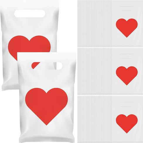 Janlaugh 100 Pieces Valentine's Day Plastic Gift Bags with Handles Bulk Small Red Heart Goodie Treat Candy Bags for Valentines Party Favors Celebrations in Saudi Arabia