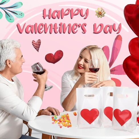 Janlaugh 100 Pieces Valentine's Day Plastic Gift Bags with Handles Bulk Small Red Heart Goodie Treat Candy Bags for Valentines Party Favors Celebrations in Saudi Arabia
