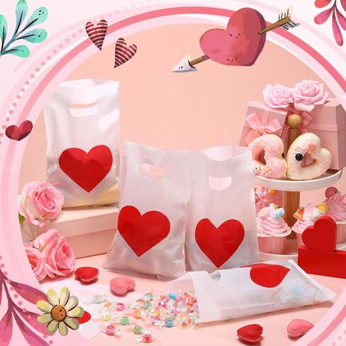 Janlaugh 100 Pieces Valentine's Day Plastic Gift Bags with Handles Bulk Small Red Heart Goodie Treat Candy Bags for Valentines Party Favors Celebrations in Saudi Arabia