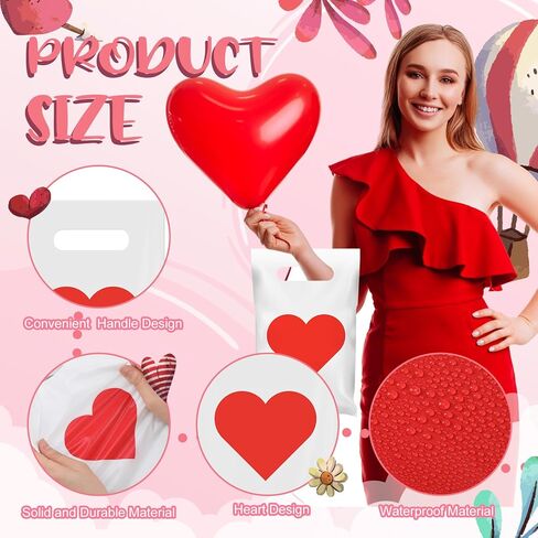 Janlaugh 100 Pieces Valentine's Day Plastic Gift Bags with Handles Bulk Small Red Heart Goodie Treat Candy Bags for Valentines Party Favors Celebrations in Saudi Arabia