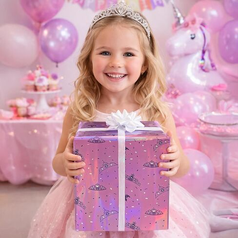 Cheerland Princess Wrapping Roll Tiara Gift Wrap Iridescent Crown Packing Holographic Foil for Pink Birthday Baby Shower Valentines Galentines Day Quinceanera Party Decoration Supplies in Saudi Arabia