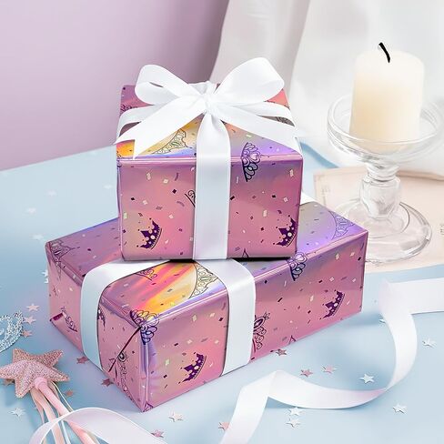 Cheerland Princess Wrapping Roll Tiara Gift Wrap Iridescent Crown Packing Holographic Foil for Pink Birthday Baby Shower Valentines Galentines Day Quinceanera Party Decoration Supplies in Saudi Arabia