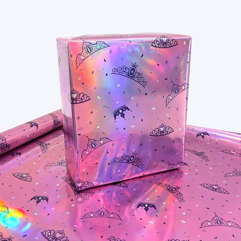 Cheerland Princess Wrapping Roll Tiara Gift Wrap Iridescent Crown Packing Holographic Foil for Pink Birthday Baby Shower Valentines Galentines Day Quinceanera Party Decoration Supplies in Saudi Arabia