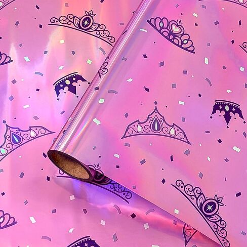 Cheerland Princess Wrapping Roll Tiara Gift Wrap Iridescent Crown Packing Holographic Foil for Pink Birthday Baby Shower Valentines Galentines Day Quinceanera Party Decoration Supplies in Saudi Arabia