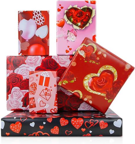 Romantic Love Wrapping Paper For Men Women, 6 Sheets in 6 Designs Included Red and Pink Rose hearts balloons, 20 x 30 inch Per Sheet Folded Flat for Wedding Anniversary Valentine's Day Mother's Day, in Saudi Arabia