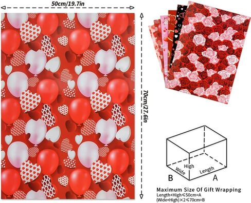 Romantic Love Wrapping Paper For Men Women, 6 Sheets in 6 Designs Included Red and Pink Rose hearts balloons, 20 x 30 inch Per Sheet Folded Flat for Wedding Anniversary Valentine's Day Mother's Day, in Saudi Arabia