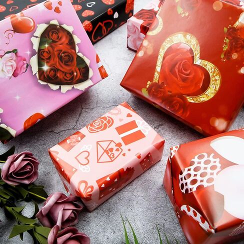 Romantic Love Wrapping Paper For Men Women, 6 Sheets in 6 Designs Included Red and Pink Rose hearts balloons, 20 x 30 inch Per Sheet Folded Flat for Wedding Anniversary Valentine's Day Mother's Day, in Saudi Arabia