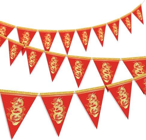 Whaline 2026 Chinese New Year Decorations, 20pcs Dragon Pennant Banner Red Gold Triangle Bunting Flag Garland Happy Spring Festive Banner for Lunar New Year Party Home Office Classroom Decor in Saudi Arabia