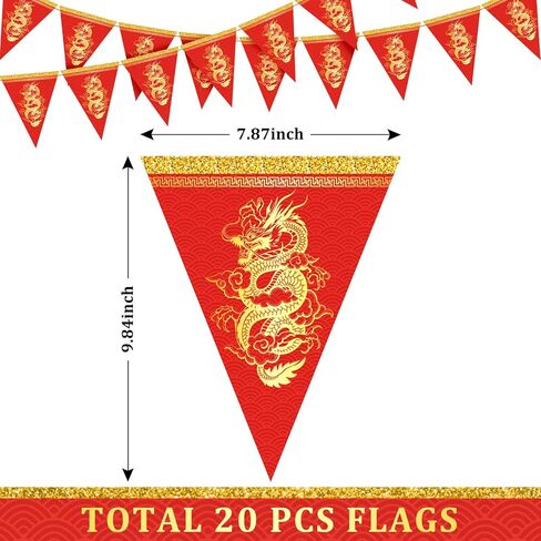 Whaline 2026 Chinese New Year Decorations, 20pcs Dragon Pennant Banner Red Gold Triangle Bunting Flag Garland Happy Spring Festive Banner for Lunar New Year Party Home Office Classroom Decor in Saudi Arabia