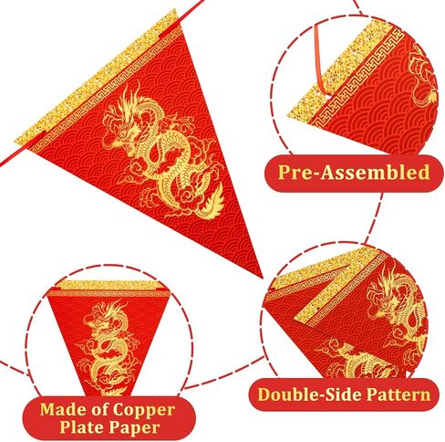 Whaline 2026 Chinese New Year Decorations, 20pcs Dragon Pennant Banner Red Gold Triangle Bunting Flag Garland Happy Spring Festive Banner for Lunar New Year Party Home Office Classroom Decor in Saudi Arabia