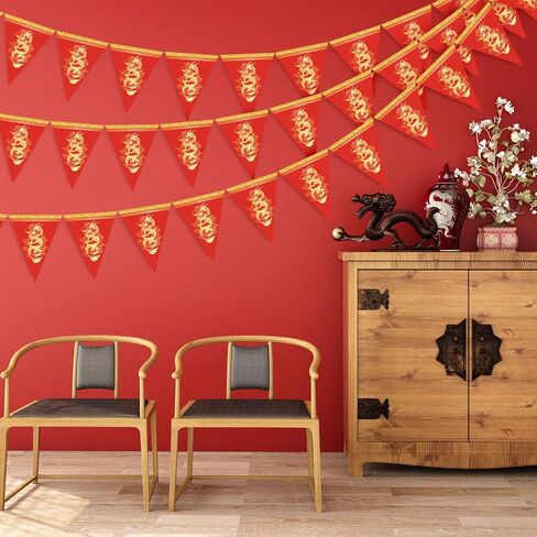 Whaline 2026 Chinese New Year Decorations, 20pcs Dragon Pennant Banner Red Gold Triangle Bunting Flag Garland Happy Spring Festive Banner for Lunar New Year Party Home Office Classroom Decor in Saudi Arabia