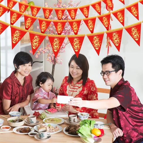 Whaline 2026 Chinese New Year Decorations, 20pcs Dragon Pennant Banner Red Gold Triangle Bunting Flag Garland Happy Spring Festive Banner for Lunar New Year Party Home Office Classroom Decor in Saudi Arabia