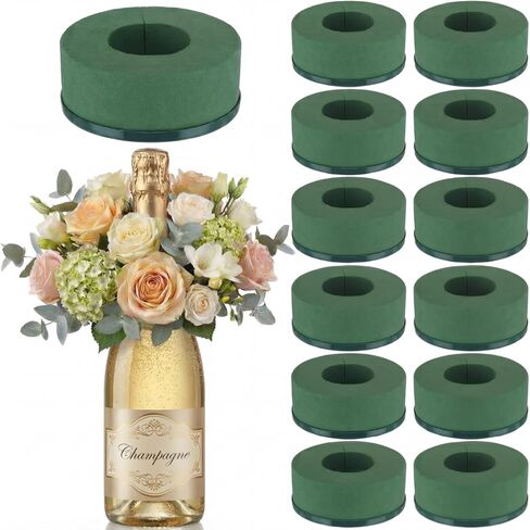 Wonderjune 12 Pcs Mini Floral Foam Holder for Wine Bottle Topper Green Flower Foam Round with Base Flower Arrangement Supplies for Wedding Party Table Decoration Wine Bottle Decor (3.9 x 1.8") in Saudi Arabia