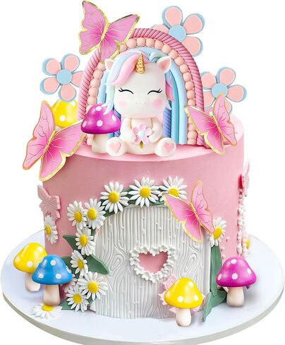 Unicorn Cake Topper Rainbow Cake Decorations with Rainbow Butterflies Mushrooms Flowers for Unicorn Themed Birthday Supplies in Saudi Arabia