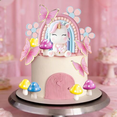 Unicorn Cake Topper Rainbow Cake Decorations with Rainbow Butterflies Mushrooms Flowers for Unicorn Themed Birthday Supplies in Saudi Arabia