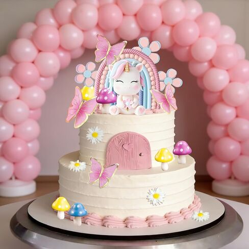 Unicorn Cake Topper Rainbow Cake Decorations with Rainbow Butterflies Mushrooms Flowers for Unicorn Themed Birthday Supplies in Saudi Arabia