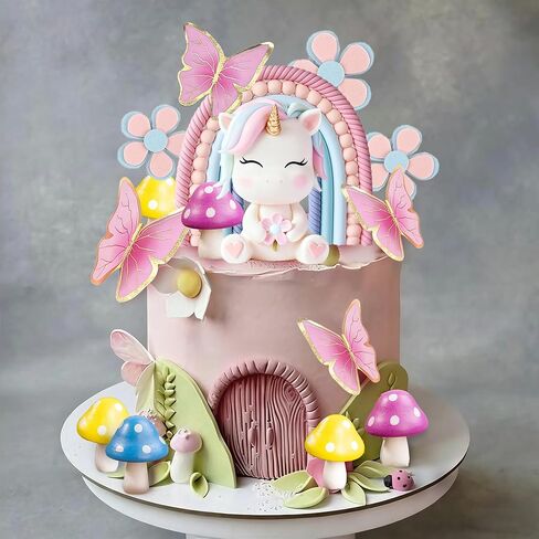 Unicorn Cake Topper Rainbow Cake Decorations with Rainbow Butterflies Mushrooms Flowers for Unicorn Themed Birthday Supplies in Saudi Arabia