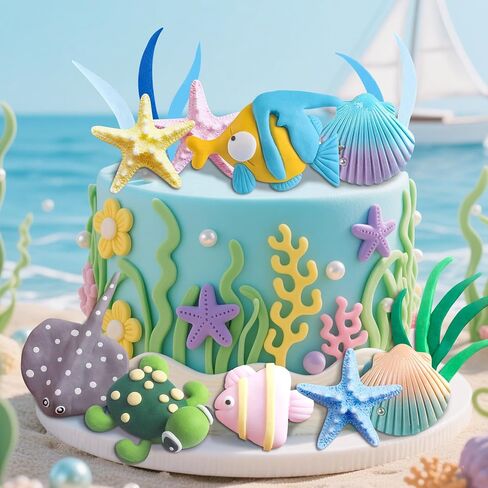11 PCS Under The Sea Cake Decoration Ocean Cake Topper Under The Sea Party Supplies Devil Fish, Sea turtle，Starfish，Shell，Tropical fish Cake Decor in Saudi Arabia