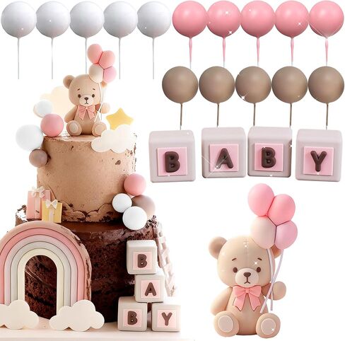Pink Bear Cake Decoration Pink Gold Balls Cake Topper Bears Cake Cake Decoration Baby Shower Birthday Cake Decoration in Kuwait