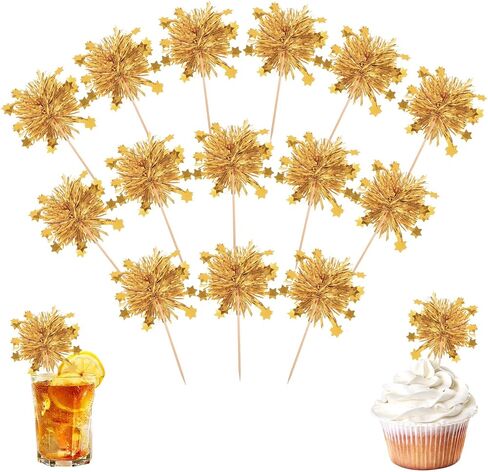 Foil Firework Cupcake Toppers, 50 Pcs Happy Birthday Cake Toppers Tinsel Drink Stirrers Cocktail Food Fruit Toothpick for Cake Decoration Valentine's Day Party Birthday Supplies, Gold in Kuwait