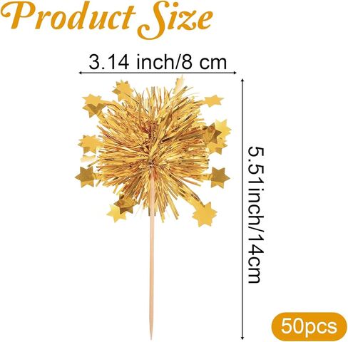 Foil Firework Cupcake Toppers, 50 Pcs Happy Birthday Cake Toppers Tinsel Drink Stirrers Cocktail Food Fruit Toothpick for Cake Decoration Valentine's Day Party Birthday Supplies, Gold in Kuwait