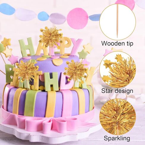 Foil Firework Cupcake Toppers, 50 Pcs Happy Birthday Cake Toppers Tinsel Drink Stirrers Cocktail Food Fruit Toothpick for Cake Decoration Valentine's Day Party Birthday Supplies, Gold in Kuwait