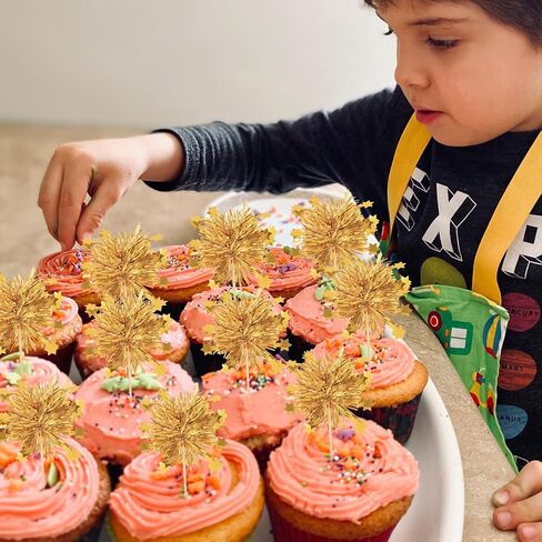 Foil Firework Cupcake Toppers, 50 Pcs Happy Birthday Cake Toppers Tinsel Drink Stirrers Cocktail Food Fruit Toothpick for Cake Decoration Valentine's Day Party Birthday Supplies, Gold in Kuwait