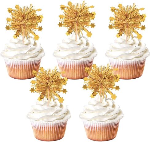Foil Firework Cupcake Toppers, 50 Pcs Happy Birthday Cake Toppers Tinsel Drink Stirrers Cocktail Food Fruit Toothpick for Cake Decoration Valentine's Day Party Birthday Supplies, Gold in Kuwait