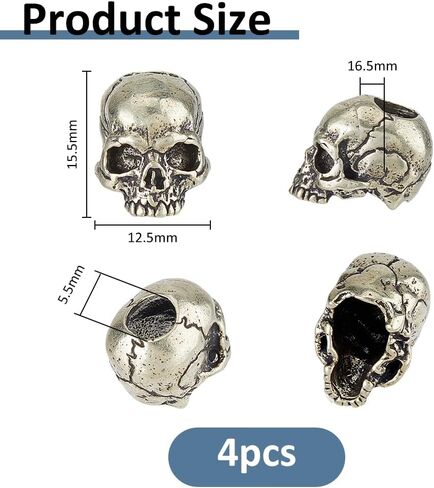 SUPERFINDINGS 4 قطعة خرز على شكل جمجمة ثقب كبير 5.5 مللي متر خرز سكين الحبل حبة Paracord خرزة فضية عتيقة لصنع سوار سلسلة المفاتيح ذاتية الصنع in Kuwait