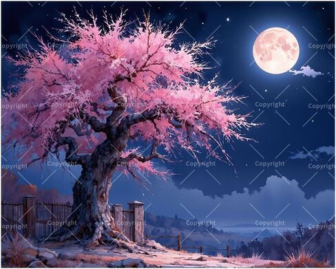 Night Scenery Paint by Numbers Kit for Adults - DIY Pink Cherry Blossom Tree Under Full Moon Painting on Canvas 16x20 Inches, Acrylic Paint Set for Beginners, Art for Home Decoration or Gifts in Saudi Arabia