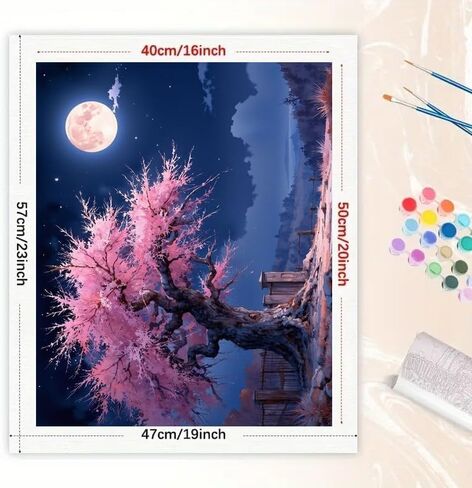 Night Scenery Paint by Numbers Kit for Adults - DIY Pink Cherry Blossom Tree Under Full Moon Painting on Canvas 16x20 Inches, Acrylic Paint Set for Beginners, Art for Home Decoration or Gifts in Saudi Arabia