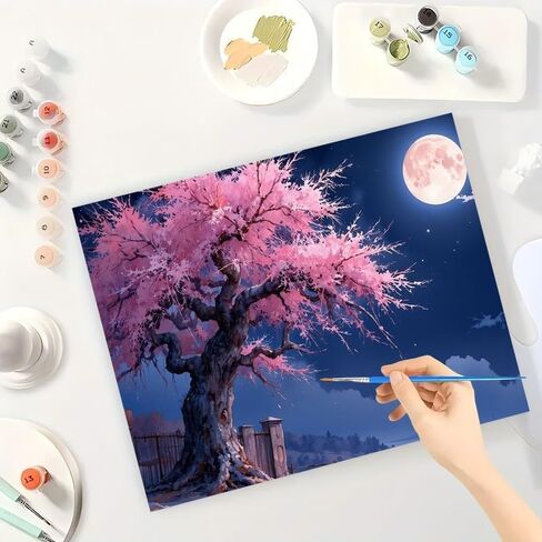 Night Scenery Paint by Numbers Kit for Adults - DIY Pink Cherry Blossom Tree Under Full Moon Painting on Canvas 16x20 Inches, Acrylic Paint Set for Beginners, Art for Home Decoration or Gifts in Saudi Arabia