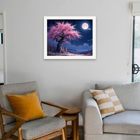 Night Scenery Paint by Numbers Kit for Adults - DIY Pink Cherry Blossom Tree Under Full Moon Painting on Canvas 16x20 Inches, Acrylic Paint Set for Beginners, Art for Home Decoration or Gifts in Saudi Arabia