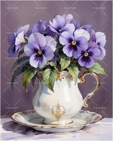 Floral Still Life Paint by Numbers Kit for Adults - DIY Purple Pansies in Vintage Teacup Painting on Canvas 16x20 Inches, Acrylic Paint Set, Suitable for Beginners, for Home Decoration or Gifts in Saudi Arabia