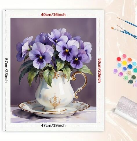 Floral Still Life Paint by Numbers Kit for Adults - DIY Purple Pansies in Vintage Teacup Painting on Canvas 16x20 Inches, Acrylic Paint Set, Suitable for Beginners, for Home Decoration or Gifts in Saudi Arabia