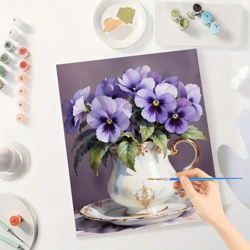Floral Still Life Paint by Numbers Kit for Adults - DIY Purple Pansies in Vintage Teacup Painting on Canvas 16x20 Inches, Acrylic Paint Set, Suitable for Beginners, for Home Decoration or Gifts in Saudi Arabia