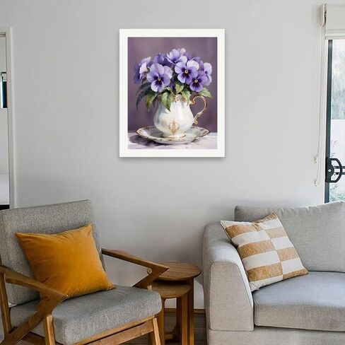 Floral Still Life Paint by Numbers Kit for Adults - DIY Purple Pansies in Vintage Teacup Painting on Canvas 16x20 Inches, Acrylic Paint Set, Suitable for Beginners, for Home Decoration or Gifts in Saudi Arabia