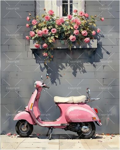 Vintage Scooter Paint by Numbers Kit for Adults - DIY Pink Moped with Rose Window Box Painting on Canvas 16x20 Inches, Acrylic Paint Set, Suitable for Beginners,Art for Home Decoration/Gifts in Saudi Arabia