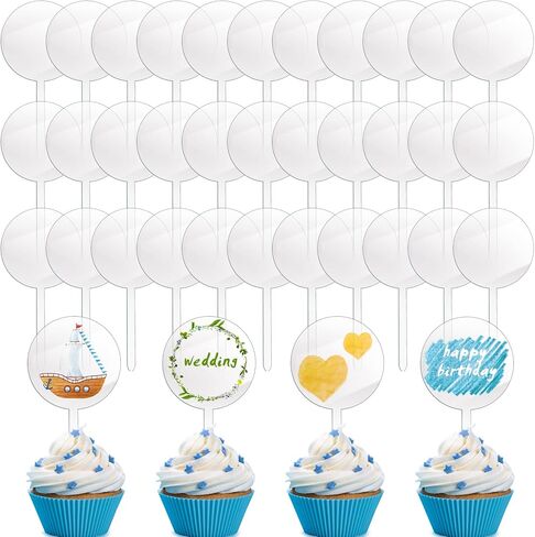 Yulejo 48 Pcs 2 Inch Blank Cupcake Toppers Sticks DIY Circle Clear Cupcake Picks Make Your Own Mini Cake Topper Sticks for Birthday Wedding Baby Shower Festival in Saudi Arabia