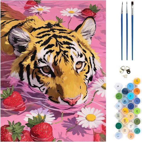 MEIYUDA Tiger Paint by Numbers Kit, Strawberry Paint by Numbers for Adults Beginners, Pink Modern Vintage DIY Acrylic Oil Painting by Number on Canvas for Home Wall Decor Gift 12x16in in Saudi Arabia