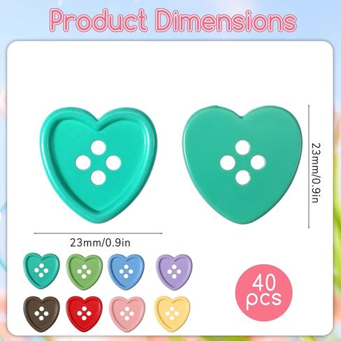 40 PCS Heart Buttons 0.9" Assorted Colorful Buttons Bulk Decorative Cute Heart Shaped Resin Button for Sewing Knitting Clothing Crafts, 8 Colors in Saudi Arabia