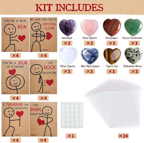 Valentines Day Gifts for Kids - 24 Pack Valentines Cards with Heart-Shape Crystals - Funny Valentine Gems Exchange Gift for Boys Girls Toddler School Classroom Party Favors in Saudi Arabia