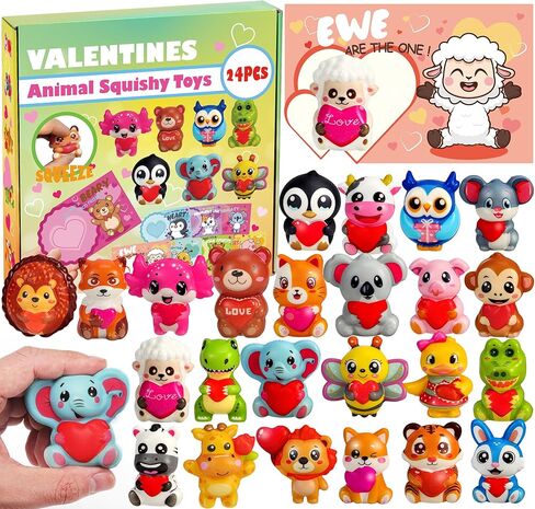 24Pcs Valentines Animal Squishy Toys, Valentines Day Gifts with Cards, Kids Party Favors, Galentines School Gift Exchange, Classroom Prizes, Candy Bag Stuffers in Saudi Arabia