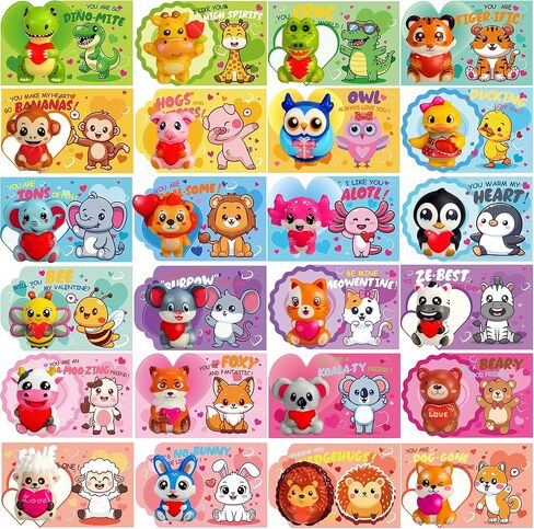 24Pcs Valentines Animal Squishy Toys, Valentines Day Gifts with Cards, Kids Party Favors, Galentines School Gift Exchange, Classroom Prizes, Candy Bag Stuffers in Saudi Arabia