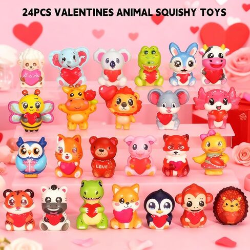 24Pcs Valentines Animal Squishy Toys, Valentines Day Gifts with Cards, Kids Party Favors, Galentines School Gift Exchange, Classroom Prizes, Candy Bag Stuffers in Saudi Arabia
