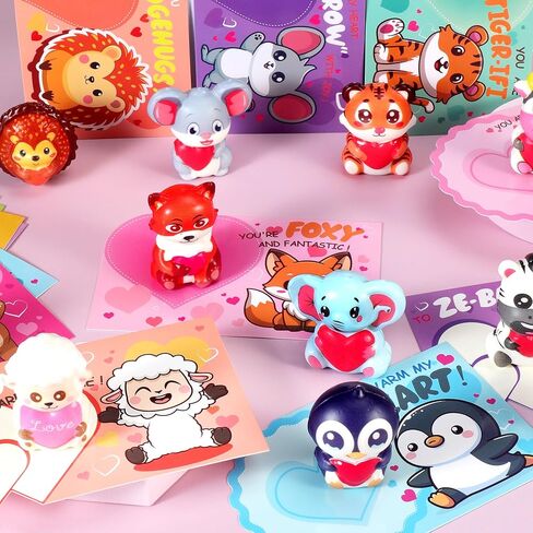 24Pcs Valentines Animal Squishy Toys, Valentines Day Gifts with Cards, Kids Party Favors, Galentines School Gift Exchange, Classroom Prizes, Candy Bag Stuffers in Saudi Arabia