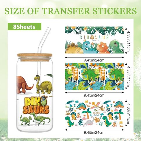 UV DTF Transfer Cup Sticker - 8 Sheets Dinosaur Animal UV DTF Cup Wraps for 16 oz Glass Cups, Waterproof Dinosaur UV DTF Transfer Stickers, Personalized DIY Water Bottle Dino Decals Crafts Gifts in Saudi Arabia